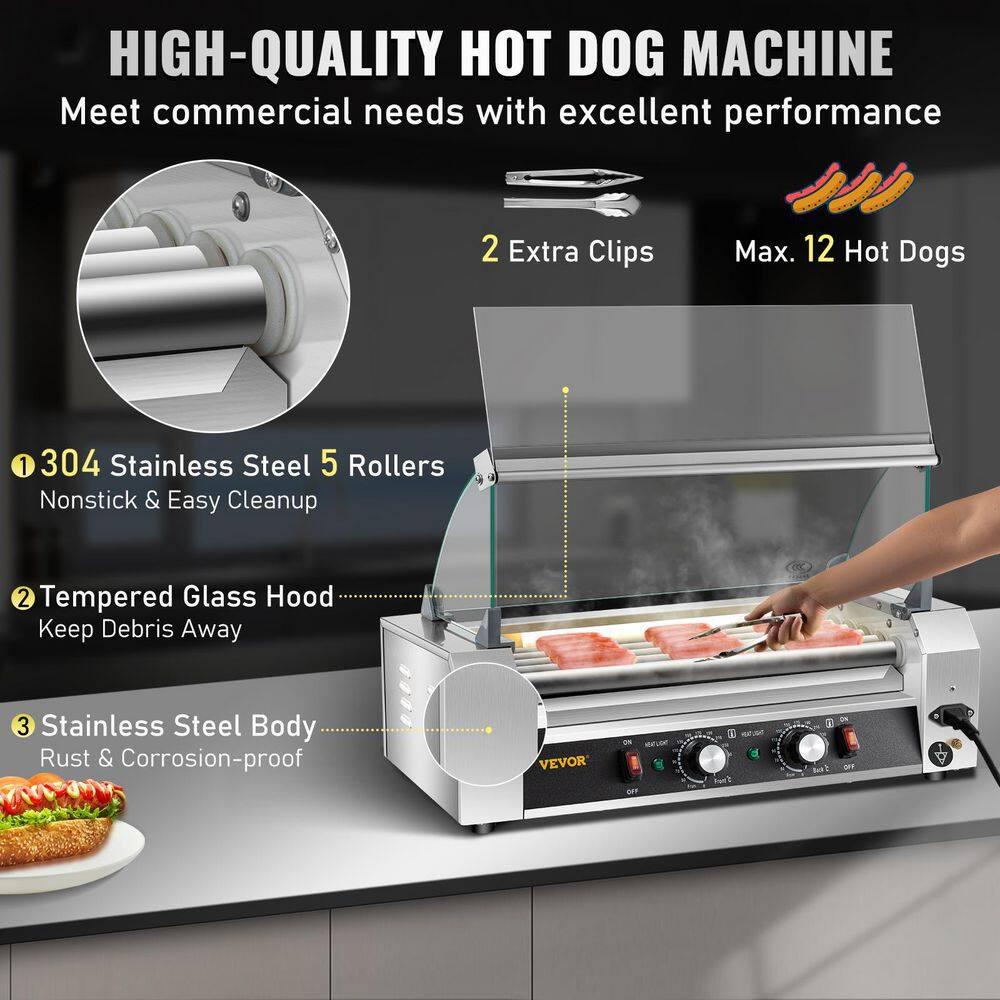 VEVOR 750 W Stainless Steel Sausage Grill Cooker Hot Dog Roller 12 Hot Dog Capacity 5Rollers with Cover Indoor GrillsSilver