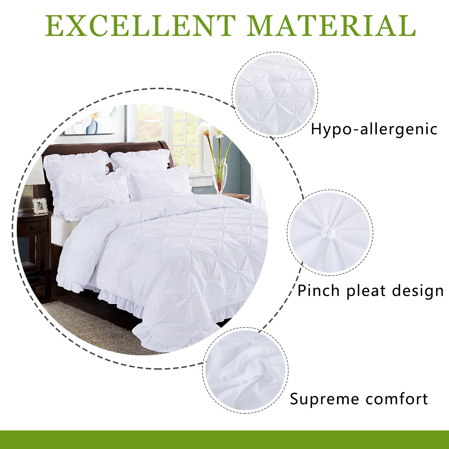 5 Piece Pinch Pleat Scallop Fringe Bedding Embroidered Comforter Set