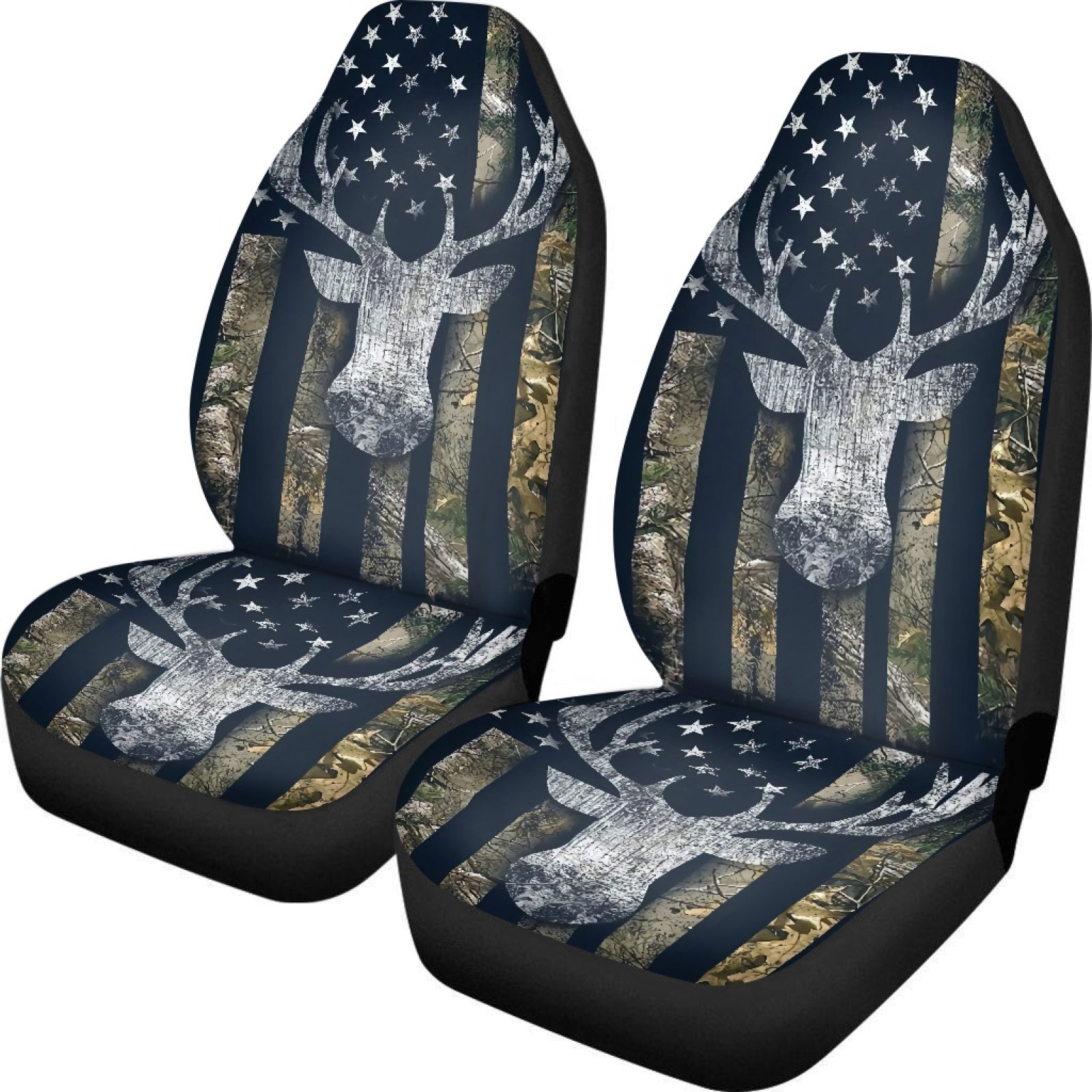 Xoenoiee 2 Piece Car Seat Cover For Women Men， Deer Antler US Flag Camo Print Automotive Seat Covers Front Seats Only， Universal Fit Bucket Car Front Seat Protector Covers