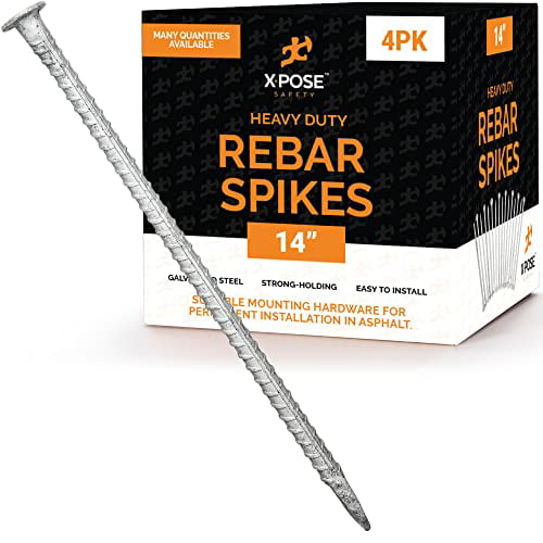 Rebar Stakes - 14 Inch Metal Spikes for Asphalt 1/2 Inch Diameter - 4 Pack Ground Stakes Heavy Duty for Speed Bump, Wheel Stop - Threaded Galvanized Steel Stakes - Rebar Support Estacas de Metal