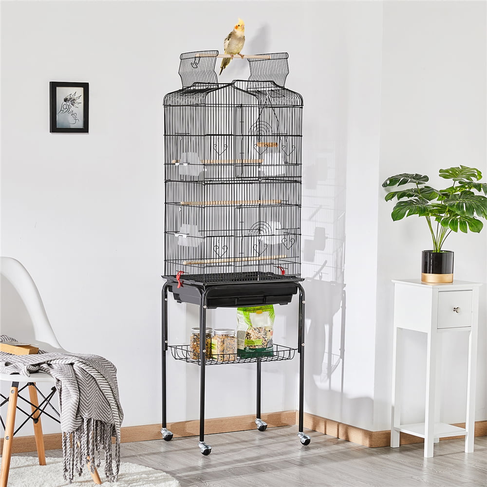 generic 64''H Open Top Metal Bird Cage Large Parrot Cage w/ Double Doors and Rolling Stand for Budgie Parrot Canary Cockatiel， Black