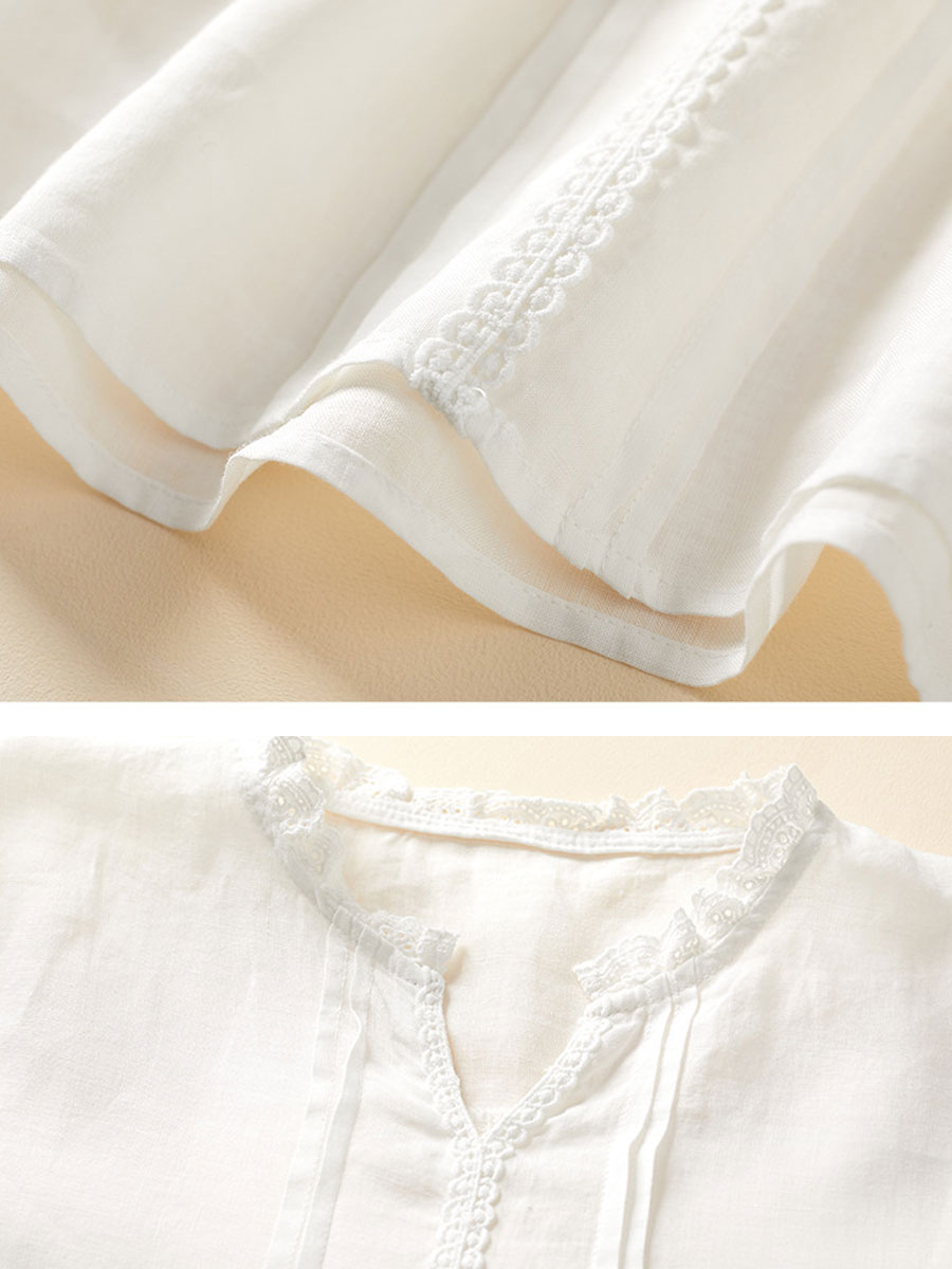 V-neck Casual Loose Embroidered Short Sleeve Blouse