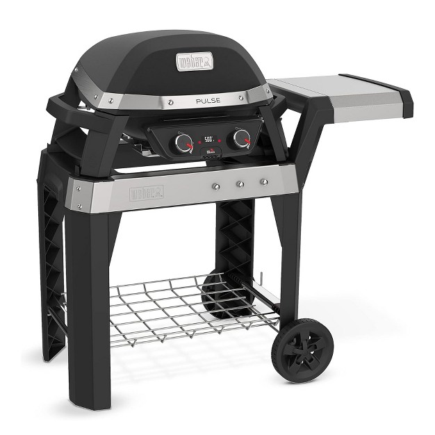 Weber Pulse 200 Electric Grill Rolling Cart With Foldable Cook Or Serve Prep Side Table 3 Built in Utensil Hooks And Handle Black