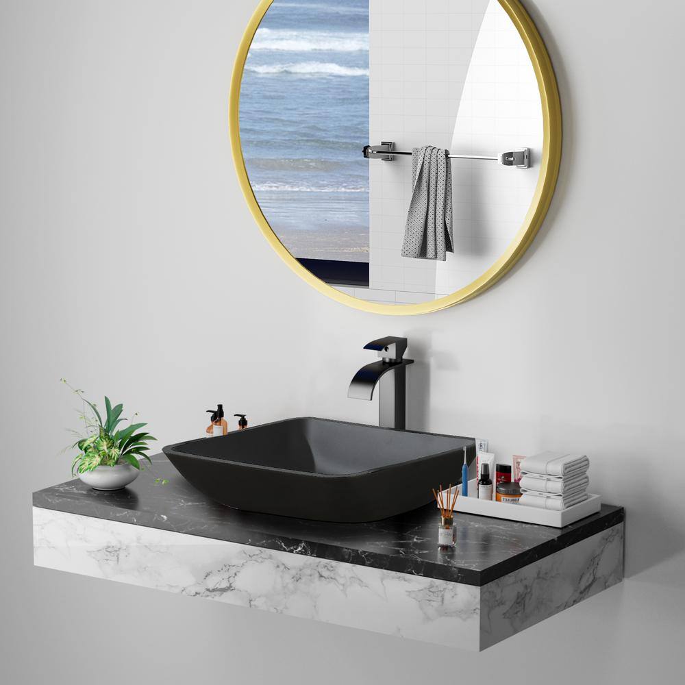 HBEZON Terpsichore Matte Black Tempered Glass Rectangular Vessel Sink with Faucet and Pop Up Drain RS-THSINK-BK