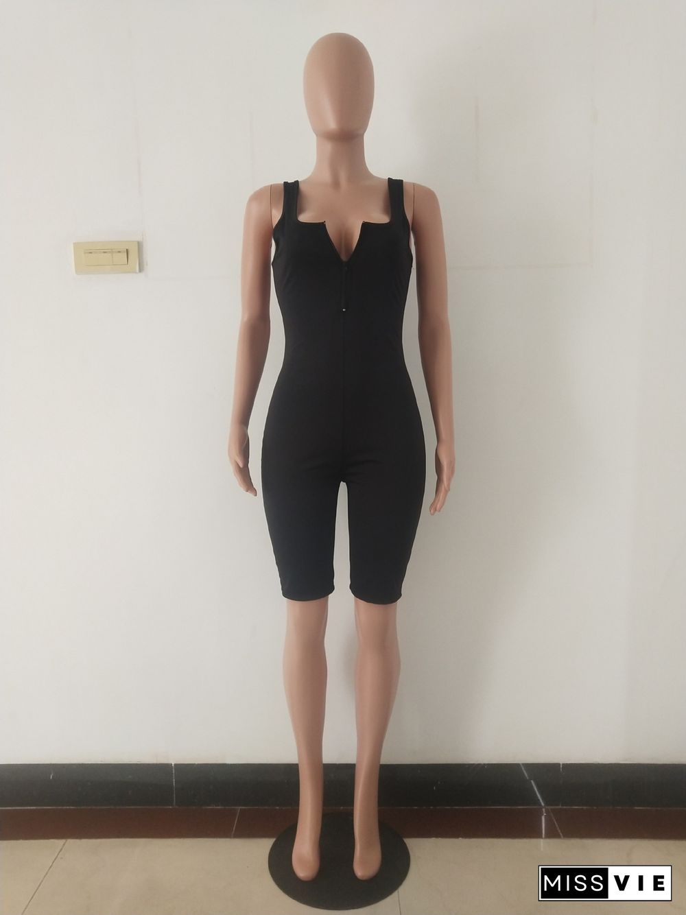 Sexy Solid-Color Front Zipper Midwaist-Hugging Romper