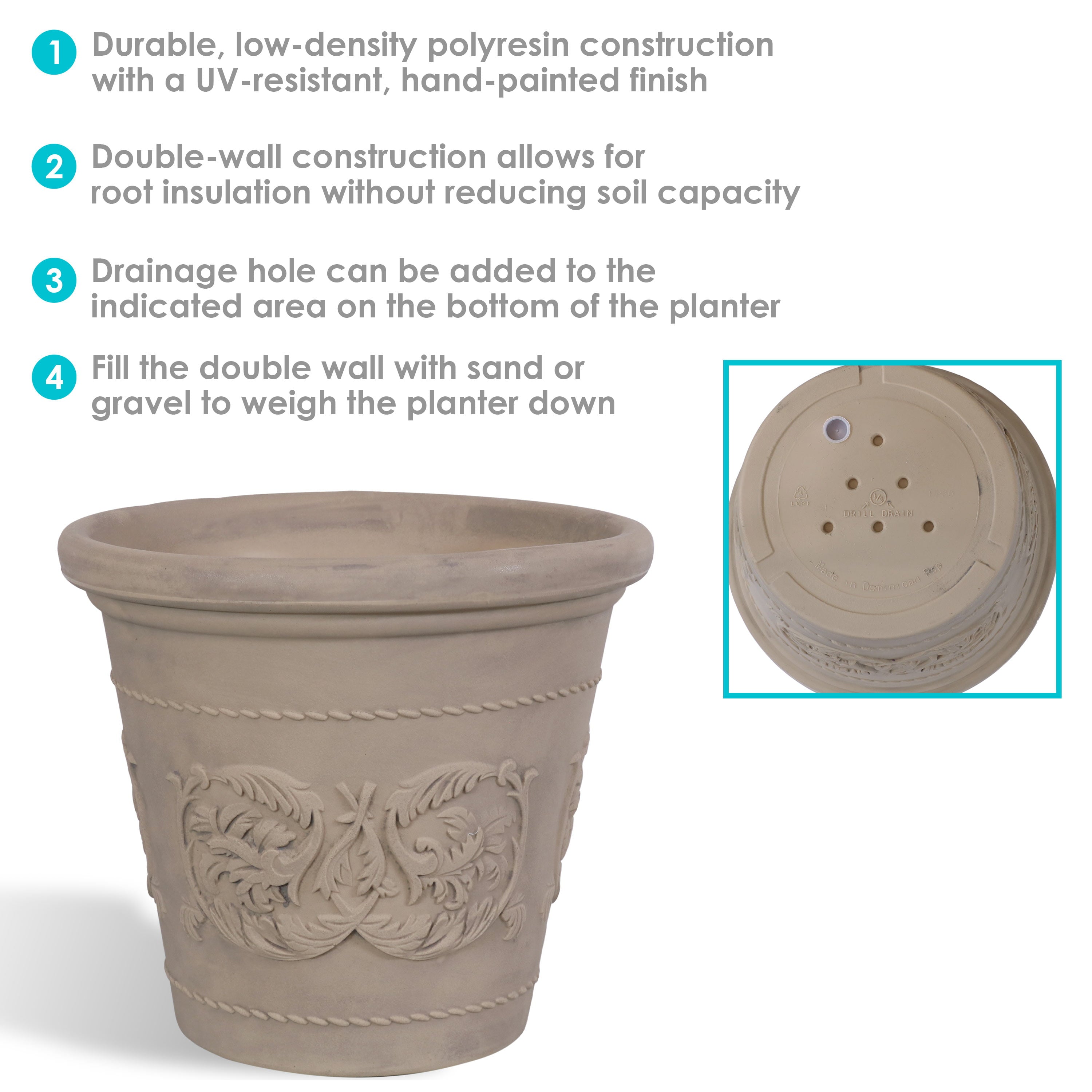 Sunnydaze Arabella Polyresin Outdoor/Indoor Extra-Durable Double-Walled Fade-Resistant Flower Pot Planter - 20" Diameter - Beige