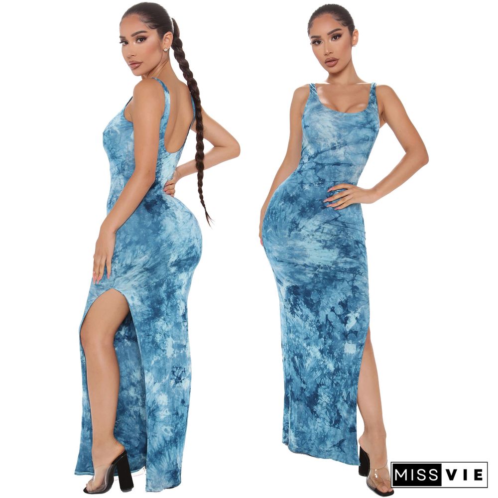 Hot Sales Women Summer New Tie Dye Print Sleeveless Bodycon Classic Beach Holiday Long Dresses