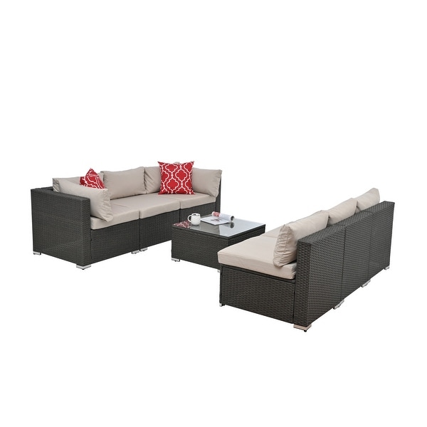 7Pcs Outdoor Sectional Furniture Set，AllWeather PE Rattan Sectional Sofa Conversation Set w/ Coffee Table and Washable Cushions