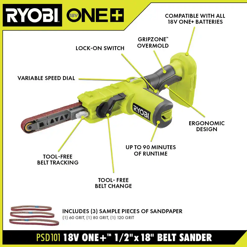 RYOBI PSD101KN ONE+ 18V Cordless 1/2 in. x 18 in. Belt Sander Kit with (1) 2.0 Ah Battery and Charger