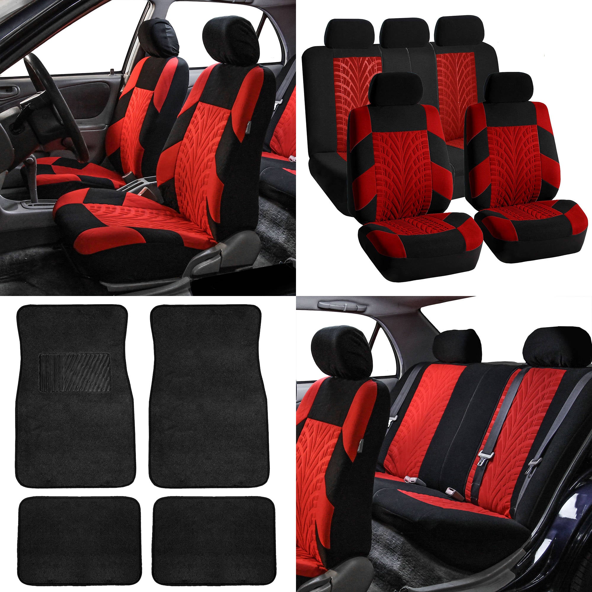 FH Group FH Travel Master Car Seat Covers for Auto Complete Seat Covers Set with Black Premium Carpet Floor Mats Red Black