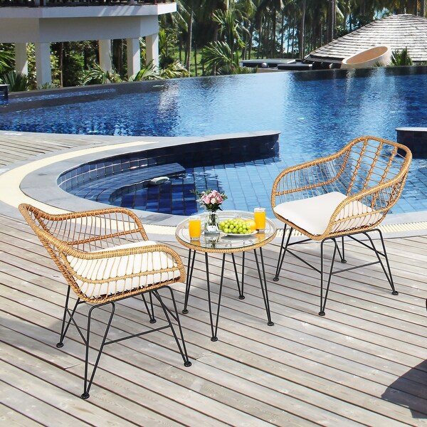 Costway 3PCS Patio Rattan Bistro Furniture Set Cushioned Chair Table