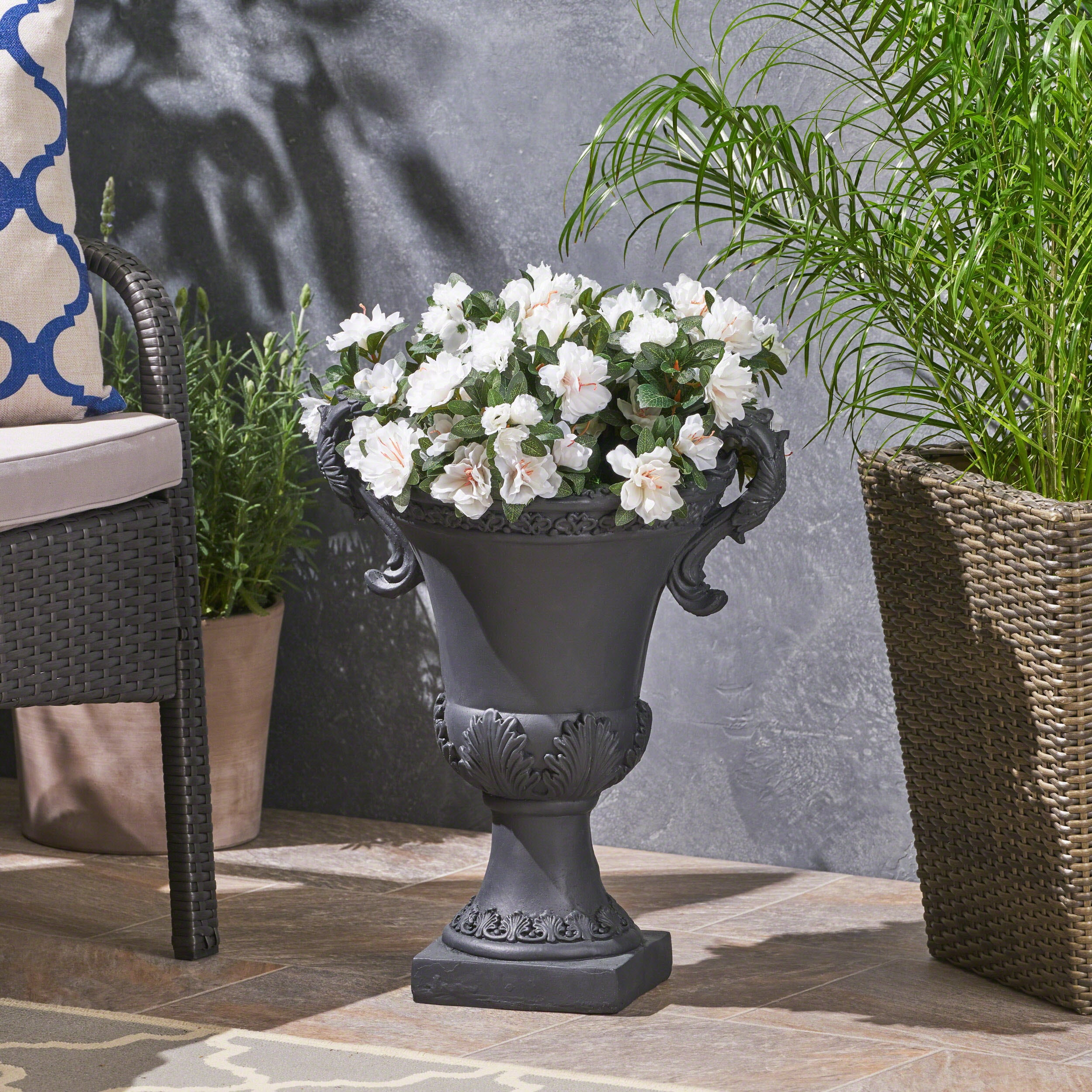 Egypt Outdoor Light Weight Concrete Chalice Garden Urn Planter, Black