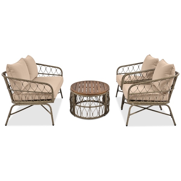 4Piece Wicker Patio Conversation Set with Beige Cushions，With Wood Tabletop