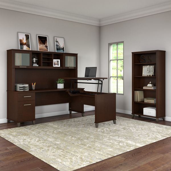 Bush Furniture Somerset 72W 3 Position Sit to Stand L Shaped Desk with Hutch and Bookcase in Mocha Cherry