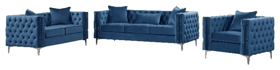 RN Furnishings 3 Piece Button Tufted Velvet Contemporary Sofa Set  Blue   Midcentury   Living Room Furniture Sets   by Homesquare  Houzz