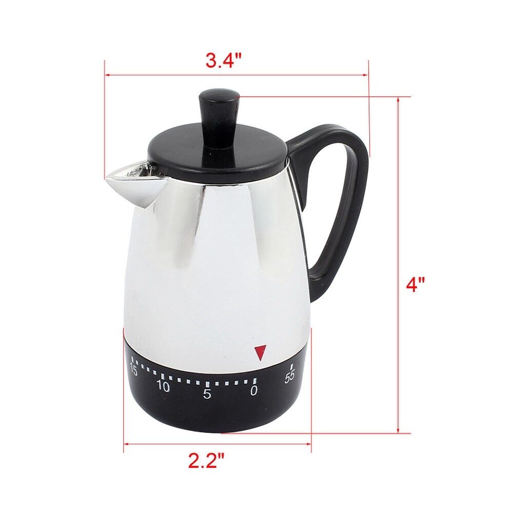 4x3.4x2.2 Inch 60 Mins Mechanical Kitchen Timer Coffee Pot Design   Silver Tone  Black