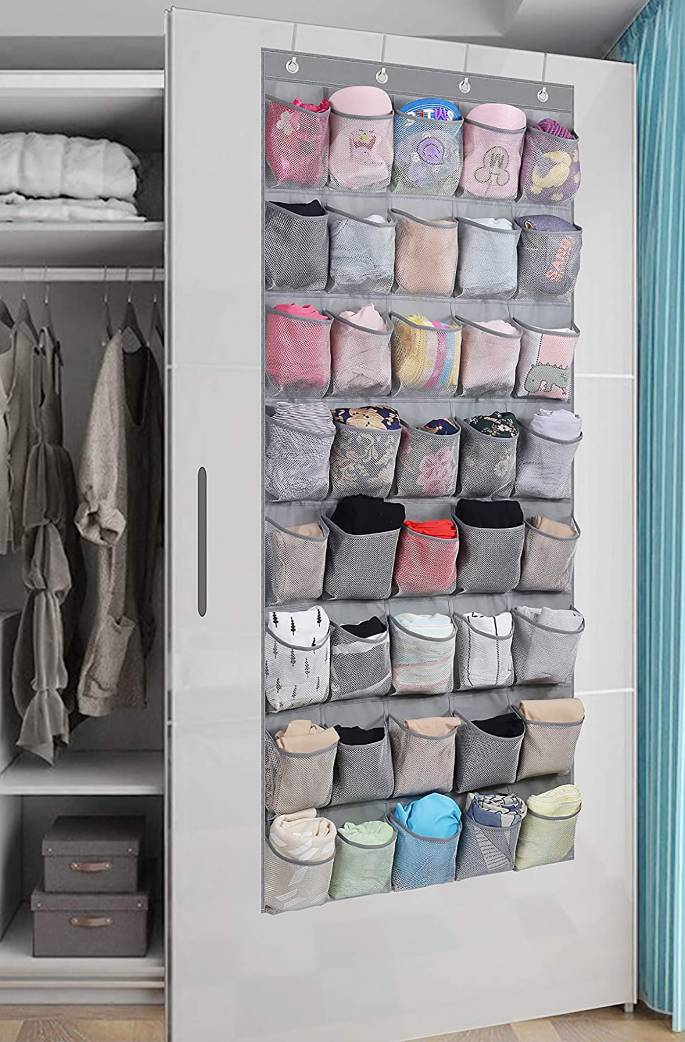 MISSLO Large Over the Door Organizer with 40 Mesh Pockets Hanging Shoe Rack Holder for Closet Pantry Bathroom Accessory Storage， Gray