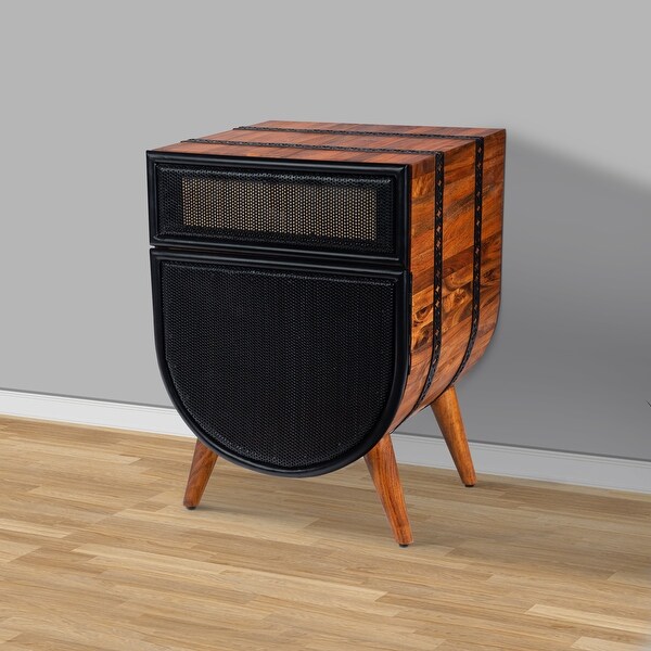 24 Inch Acacia Wood Accent Cabinet Chest with 1 Mesh Drawer and 1 Door， Brown and Black