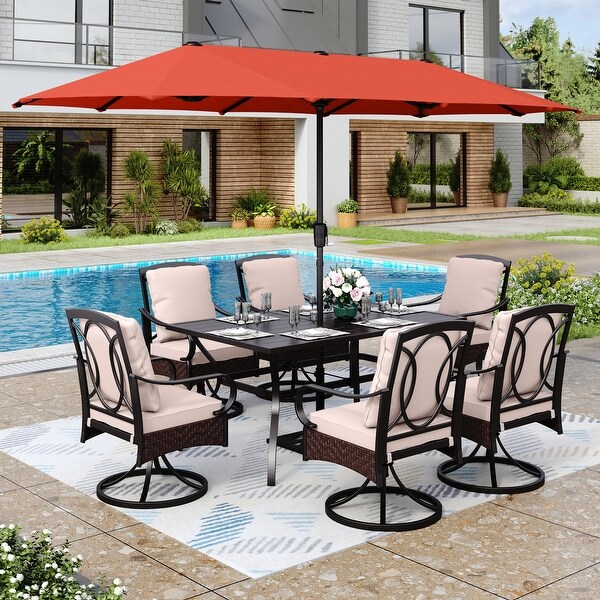 MAISON ARTS 8Piece Black Metal Outdoor Dining Set with Beige Cushions and Umbrella