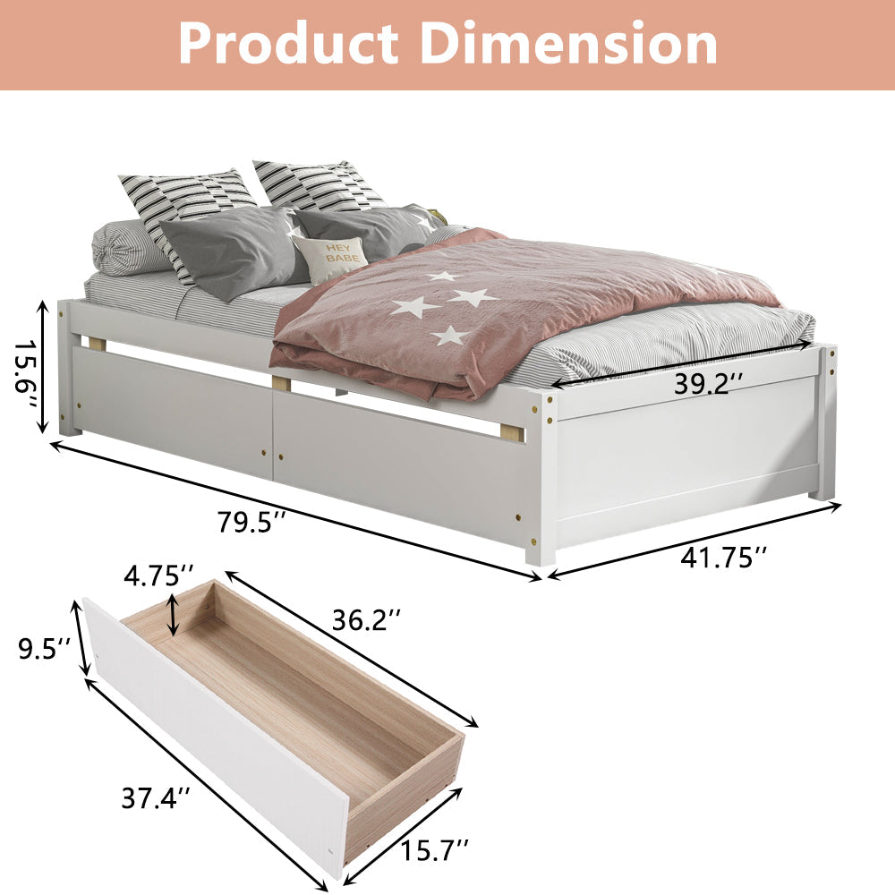 Twin Platform Bed Frame with Storage Drawers, Kids Twin Size Bed Frame No Box Spring Needed, Solid Wood Platform Beds with Two Drawers, Modern Single Bed Bedroom Furniture, White, J1159