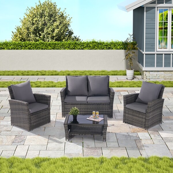 4 Pieces Outdoor Patio Furniture Sets Garden Rattan Chair Wicker Set