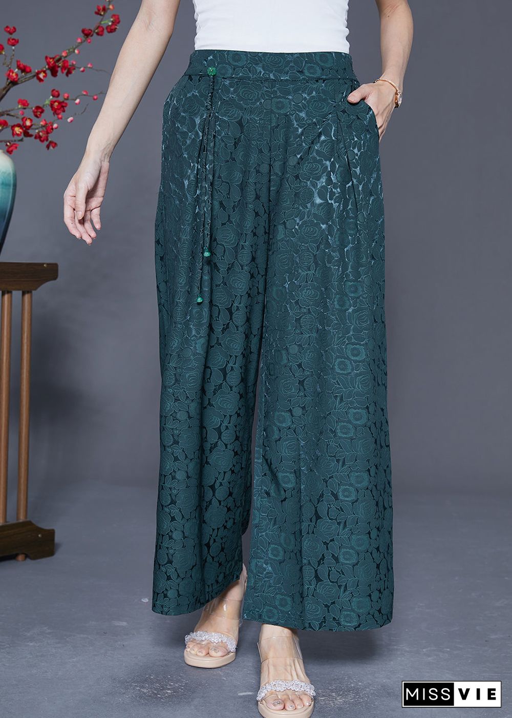 Blackish Green Silk Straight Pants High Waist Tassel Summer