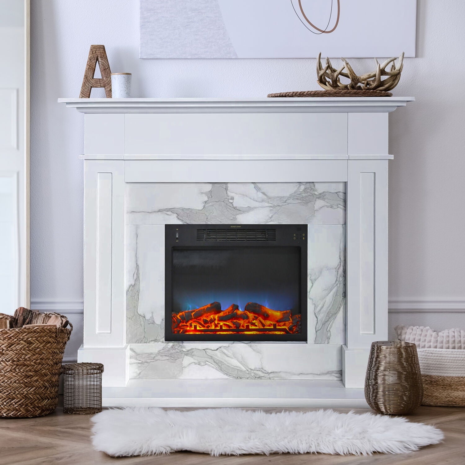 Sofia Cambridge 57-In. Modern Indoor Electric Fireplace Mantel with Multi-Color LED Log Insert and Remote Control | White Faux Marble | Heating for Living Room, Dining Room, Bedrooms up to 210 Sq.Ft.