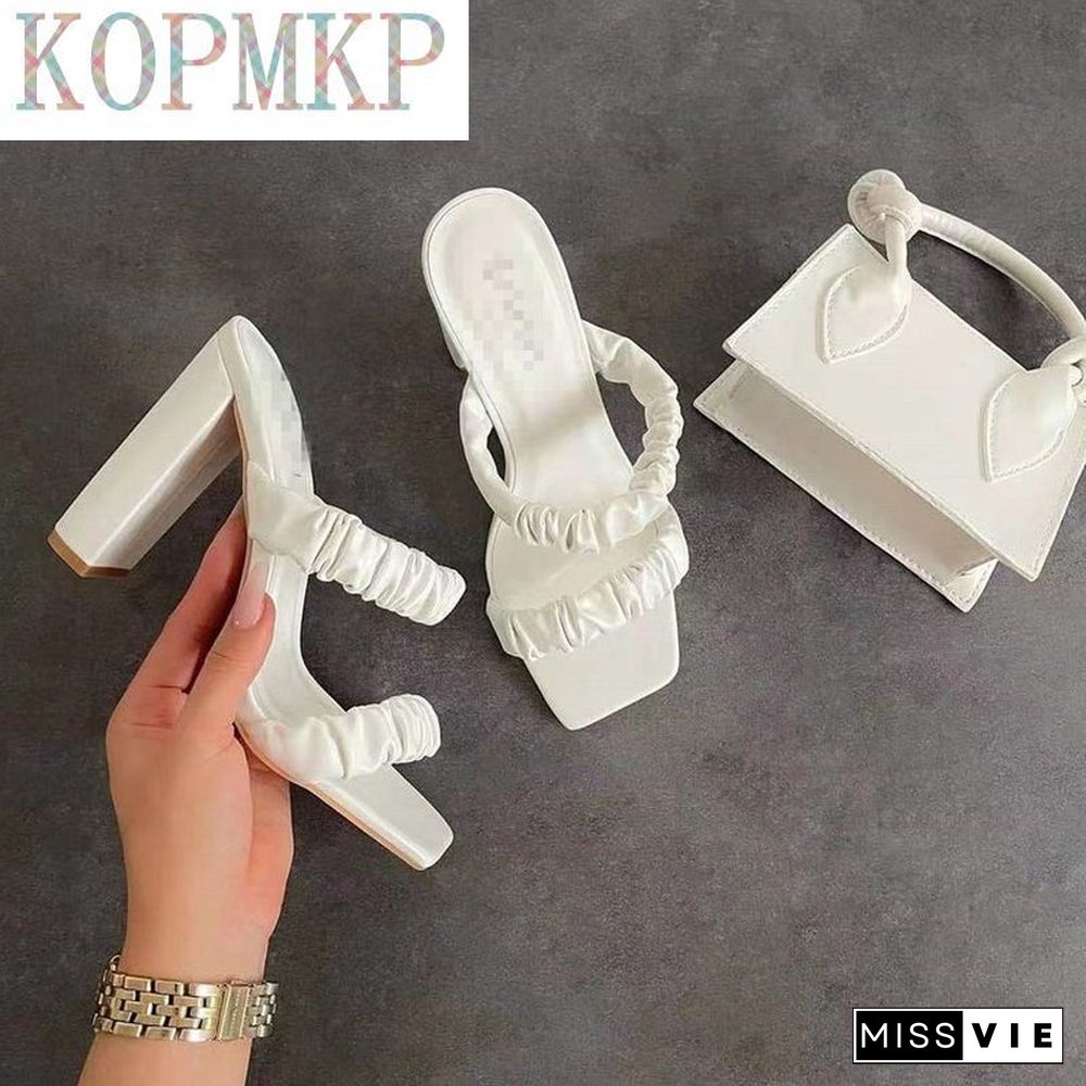 021 Khaki Sexy Mules Shoes Women Square Heel Slippers Women Summer High Heels Square Toe Sandals Slides Ladies Shoes White Black