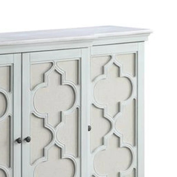 60 Inch 4 Door Wood Buffet Cabinet Console Table， Quatrefoil， Antique Blue