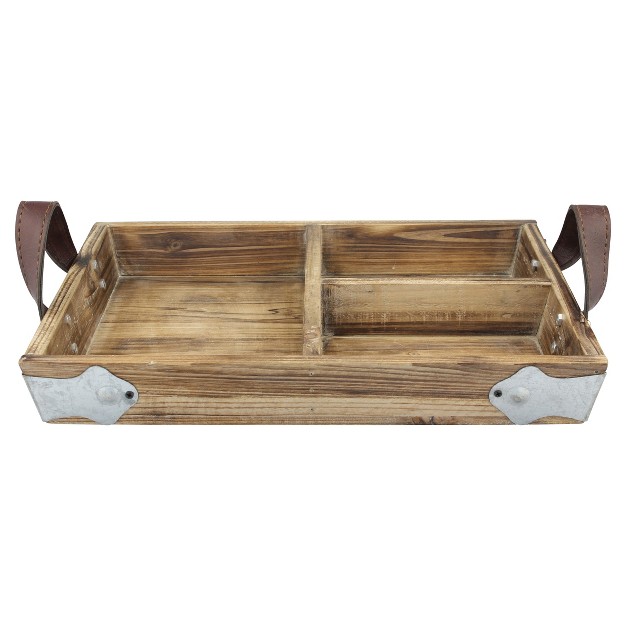 X 11 quot Rustic Divided Wood Tray With Leather Handles Brown Stonebriar Collection