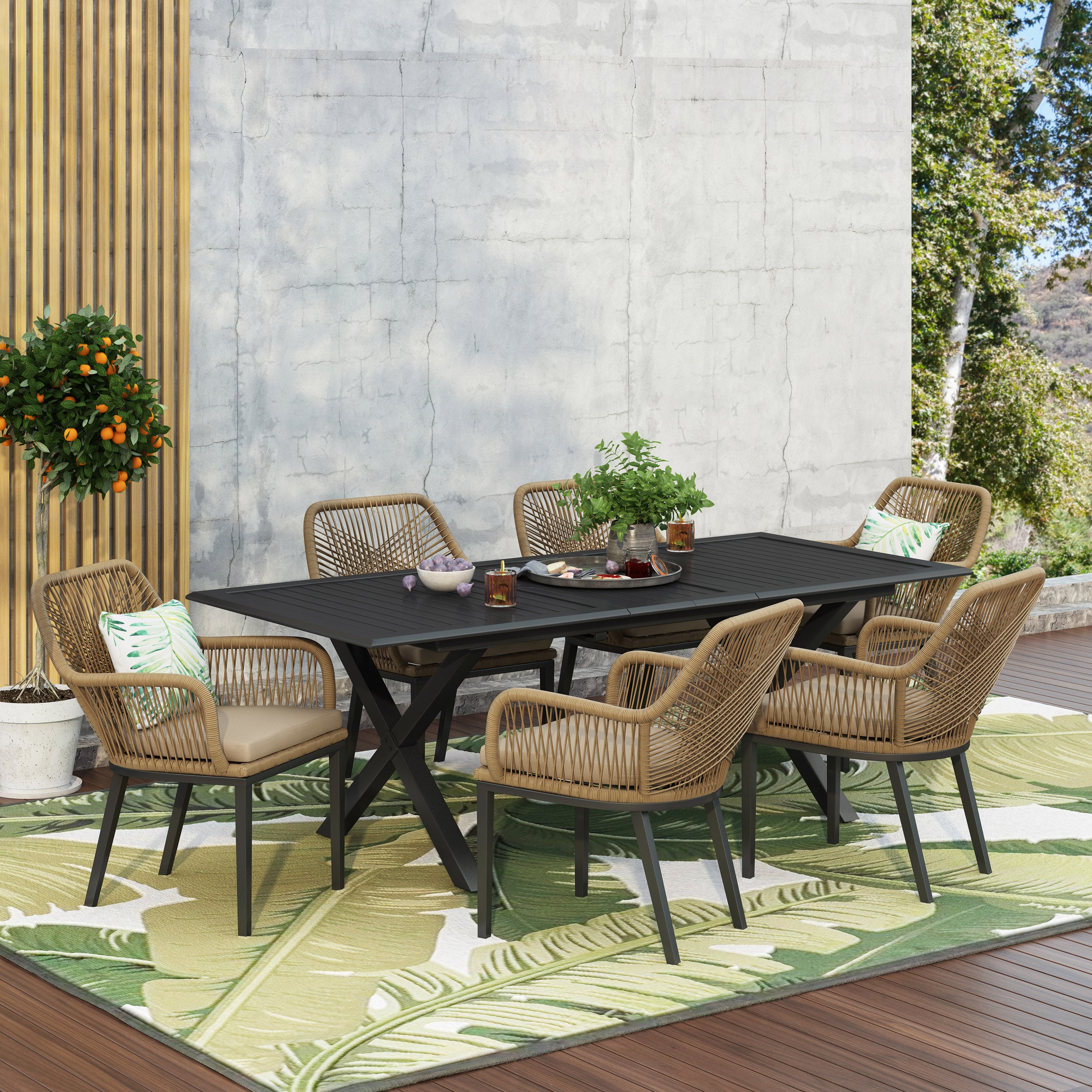 Westara Outdoor Wicker 7 Piece Dining Set with Cushion, Matte Black, Light Brown, and Beige