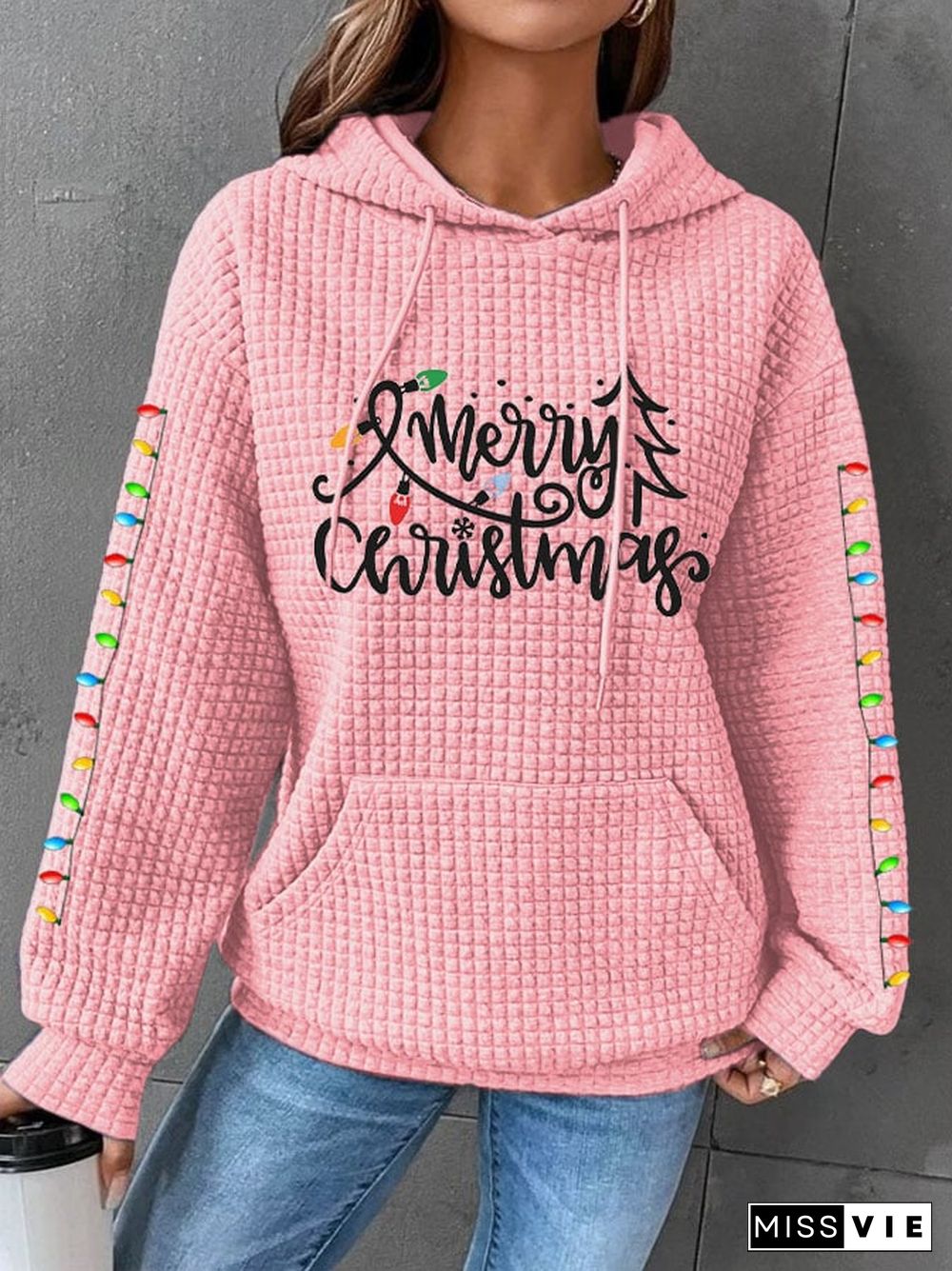 Women's Merry Christmas Christmas Tree Casual Waffle Hoodie