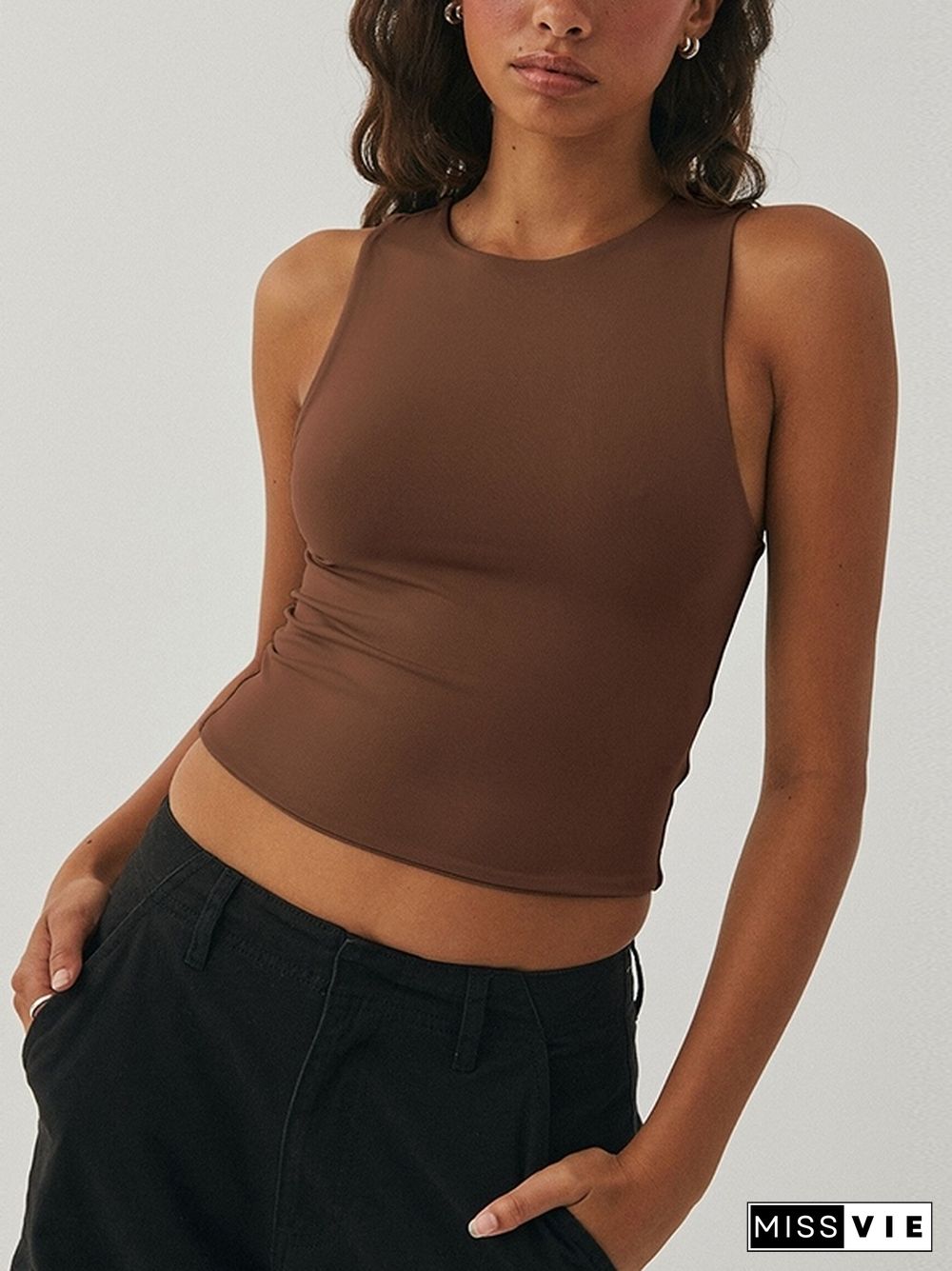 Solid Crew Neck Cropped Tank Top