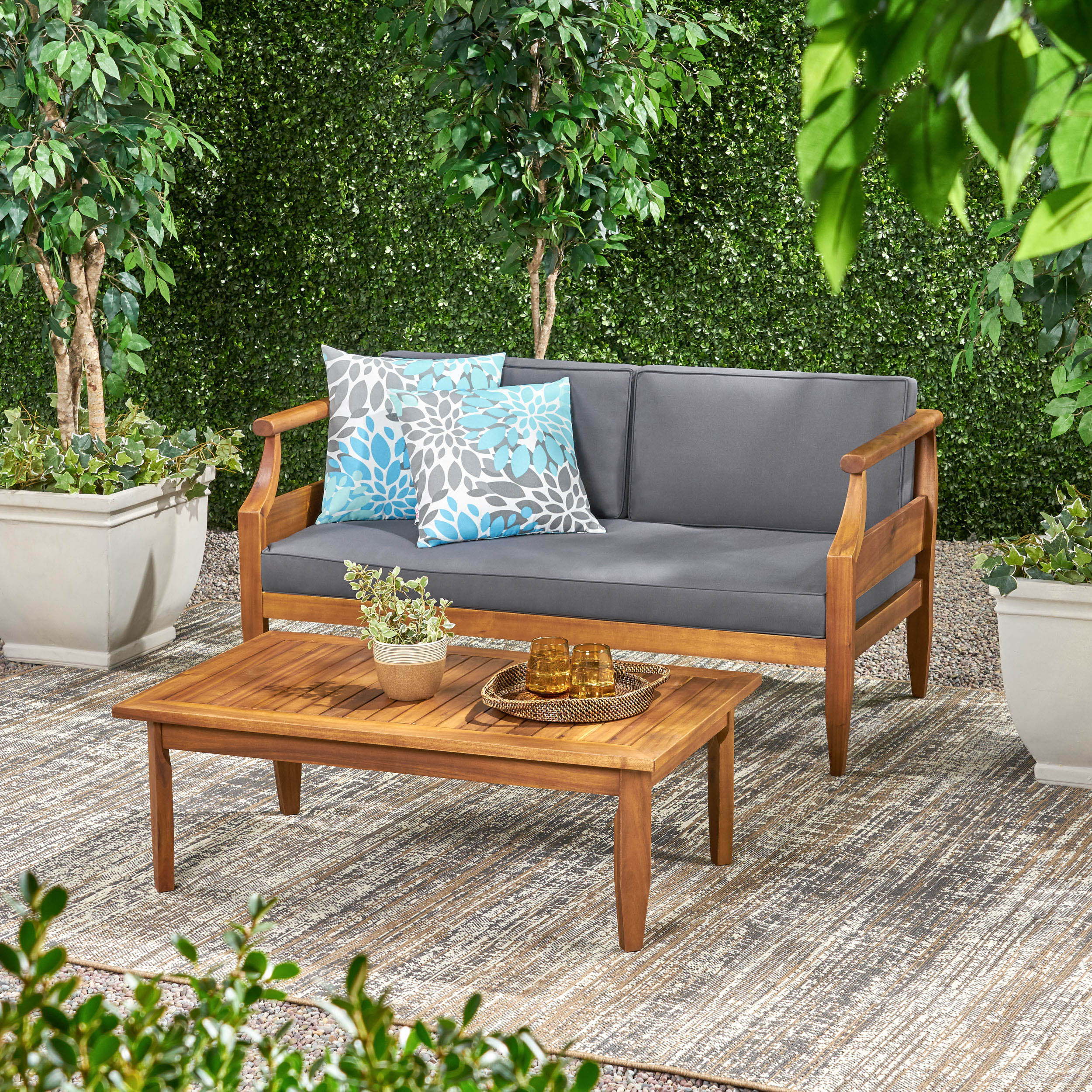 Bianca Outdoor Mid-Century Modern Acacia Wood Loveseat Set