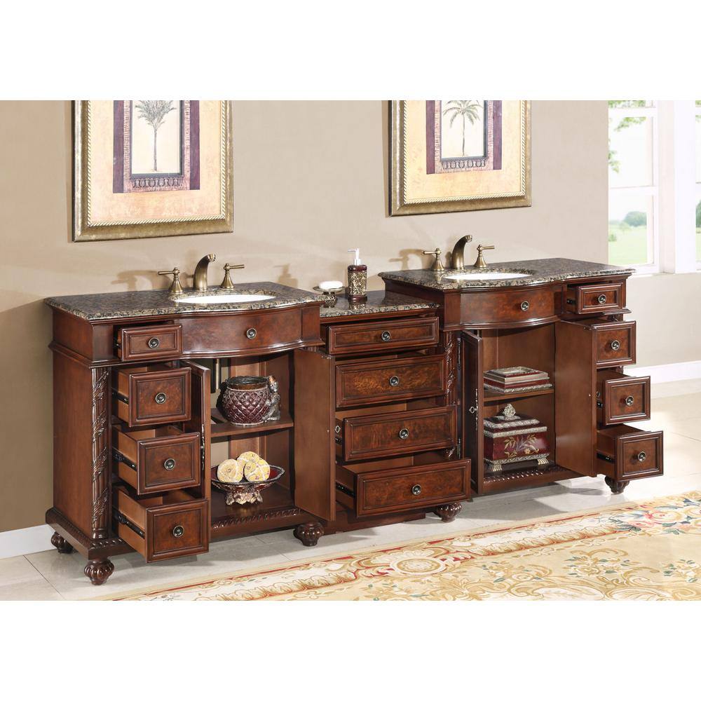 Silkroad Exclusive 90.25 in. W x 22 in. D Vanity in English Chestnut with Granite Vanity Top in Baltic Brown with White Basin HYP0213BBUWC90