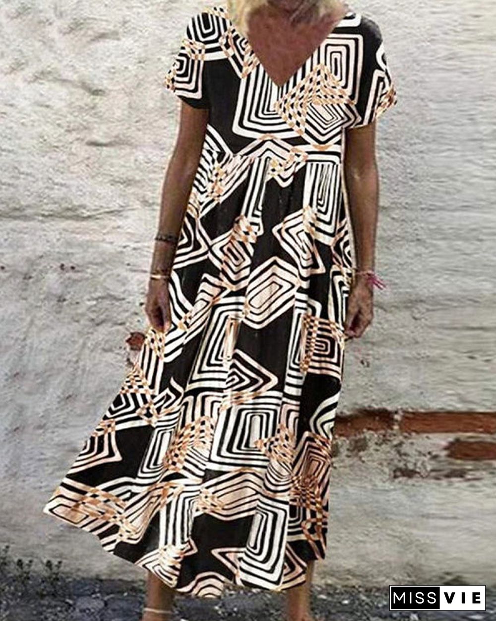 Casual Vintage Print Loose V-Neck Short Sleeve Maxi Dress