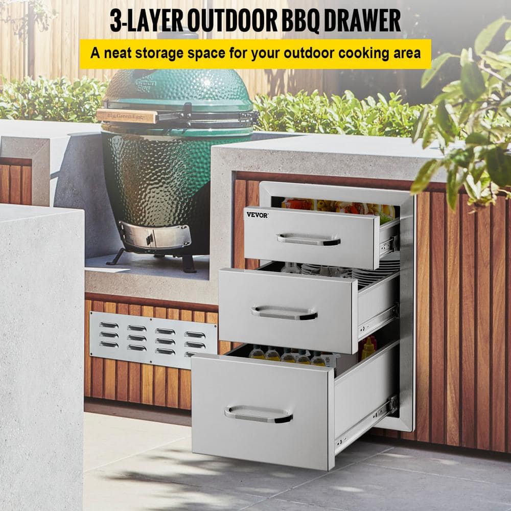 VEVOR 18 in. W x 23.2 in. H x 23.1 in. D Outdoor Kitchen Stainless Steel Triple BBQ Access Drawers with Chrome Handle 18X23YC3CBXGCTG01V0