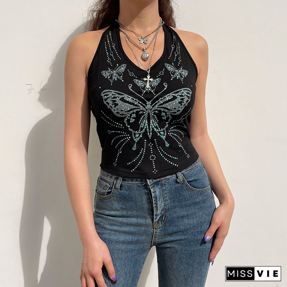 Y2k Butterfly Halter Top Backless Black Retro Grunge Corset Crop Top Cute Basic Casual Summer Sweats Women Streetwear