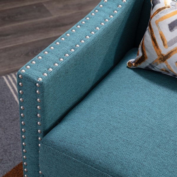 Linen Accent Armchair Living Room With Nailheads And Solid Wood Legs