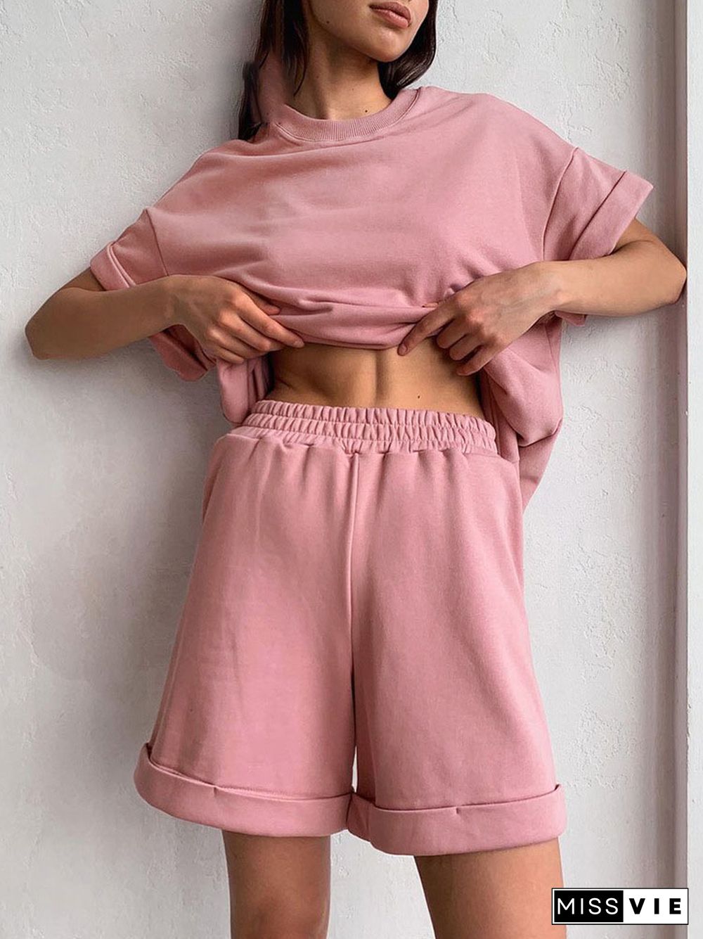 Summer Ladies Loose 2 Piece Set Fashion O Neck Short Sleeve Pullover Top + Elastic Waist Shorts Suit Casual Solid Women Clothing