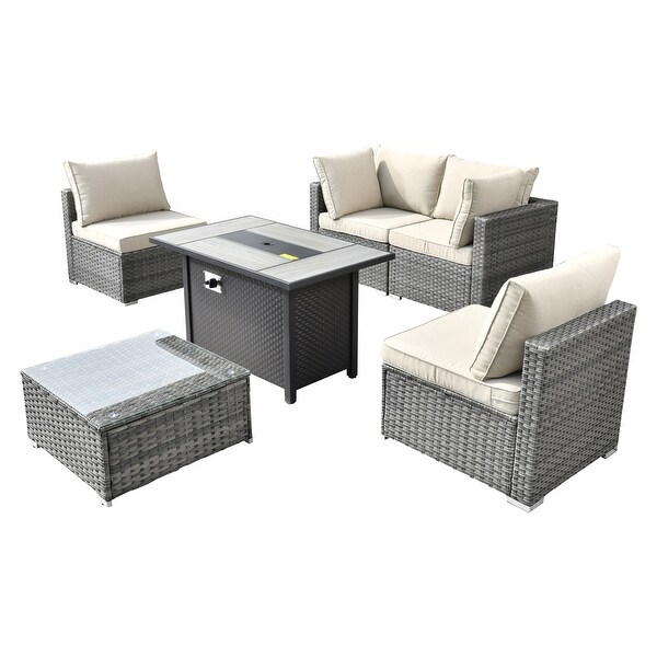 XIZZI Patio Furniture Set 6 Pieces Outdoor Sectional Rattan Sofa with Firepit