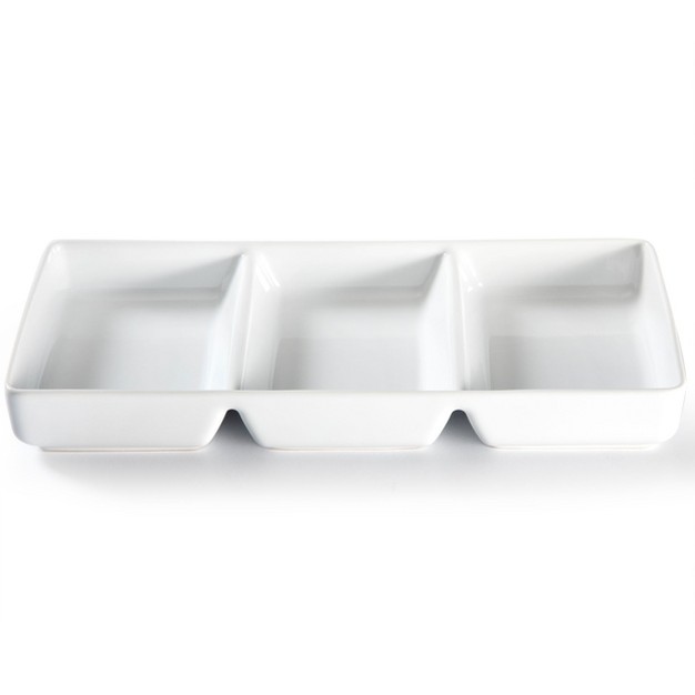 Gibson Elite Gracious Dining 2 Piece 3 section Stoneware Tidbit Dish With Acacia Wood Stand In White