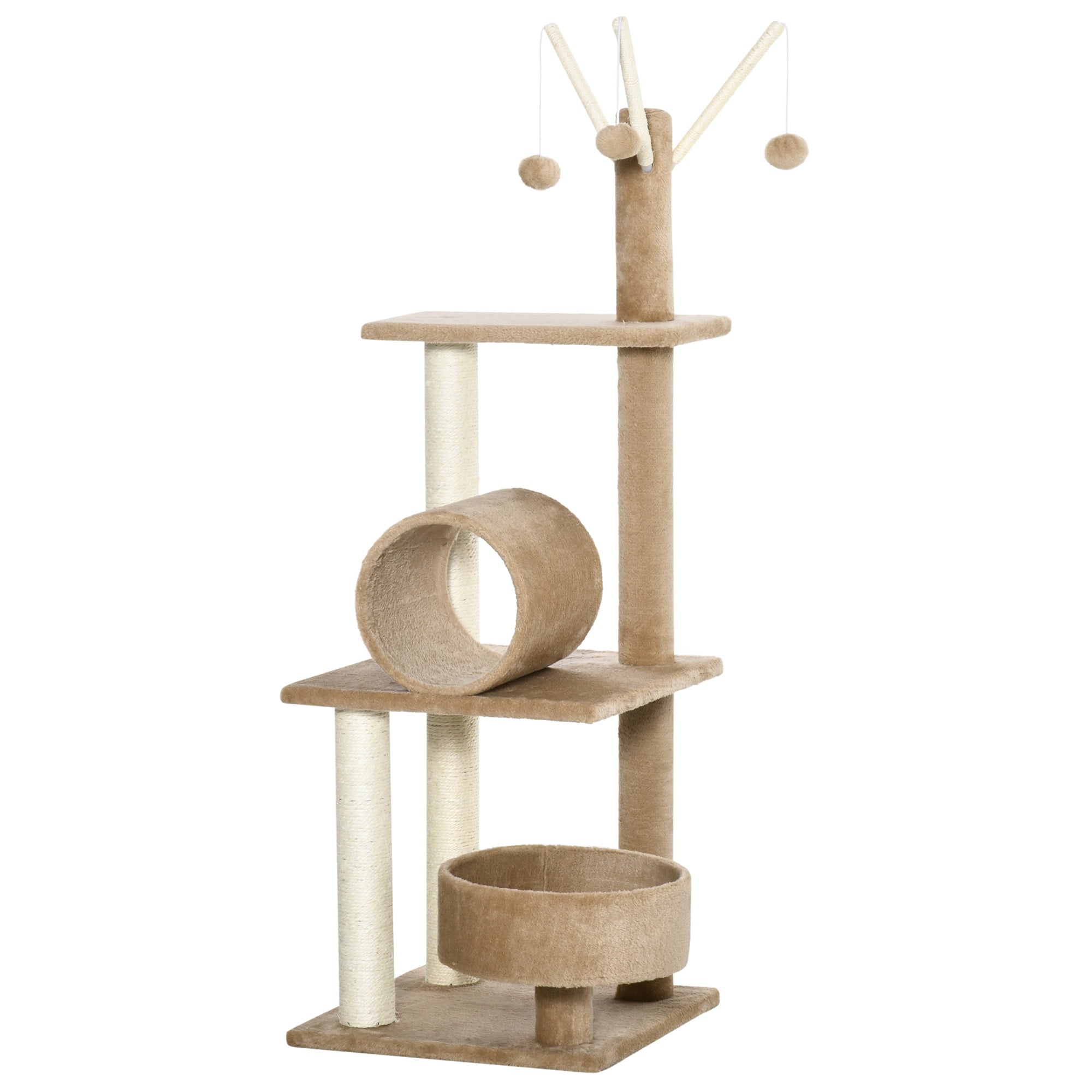 PawHut Cat Tree for Indoor Cats Cat Condo Kitty Tower with Scratching Post， Elevated Fun Cat Beds， Tunnel， Cat String Toys， 16