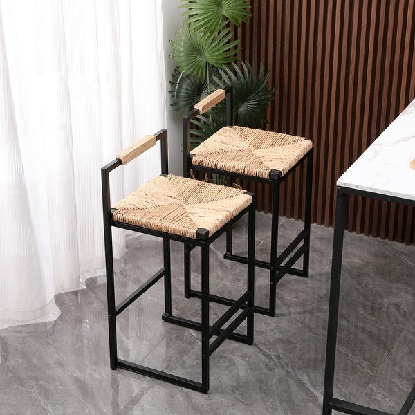 Set of 2 Counter Height Bar Stools with Woven Seat for Kitchen Home