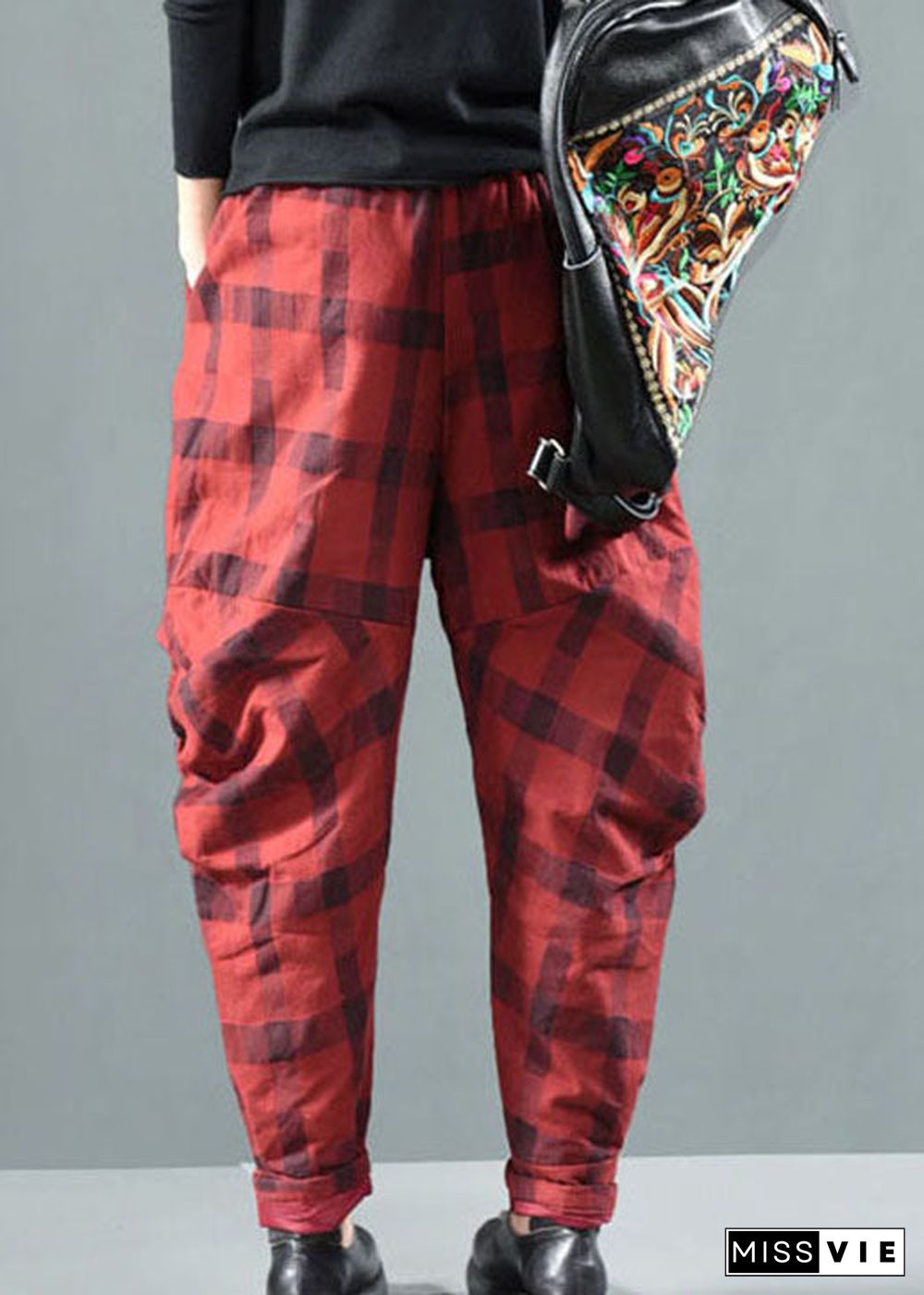 Red Plaid Patchwork Fine Cotton Filled Pants Winter