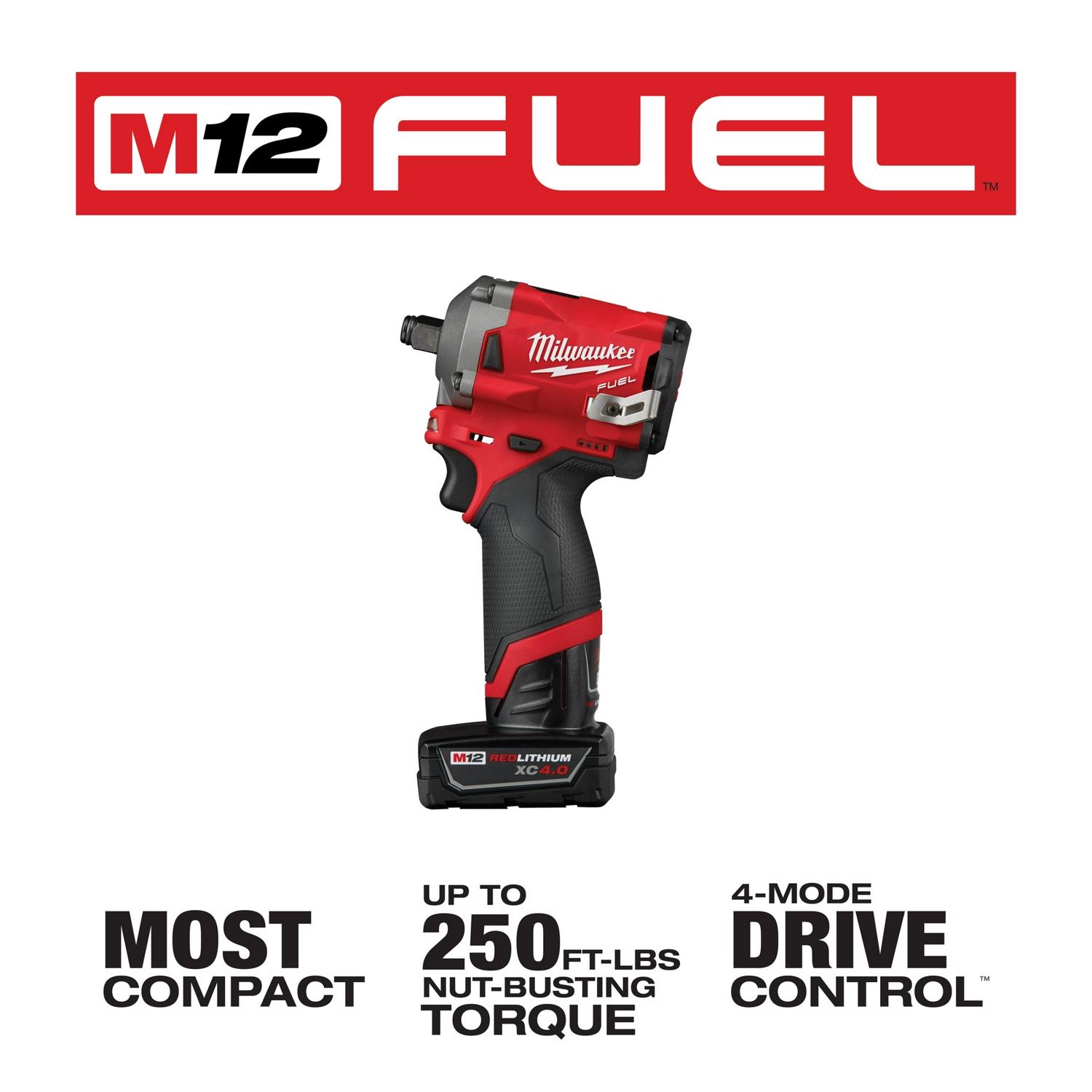 MW M12 FUEL 12 V 1/2 in. Cordless Brushless Stubby Impact Wrench Kit (Battery \u0026 Charger)