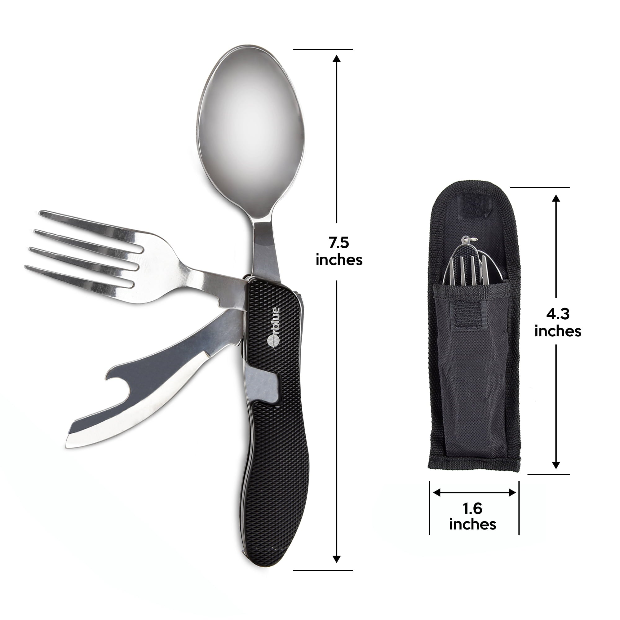 Orblue 4-in-1 Camping Utensils, 2-Pack, Portable Stainless Steel Spoon, Fork, Knife & Bottle Opener Combo Set - Travel, Backpacking Cutlery Multitool, Black