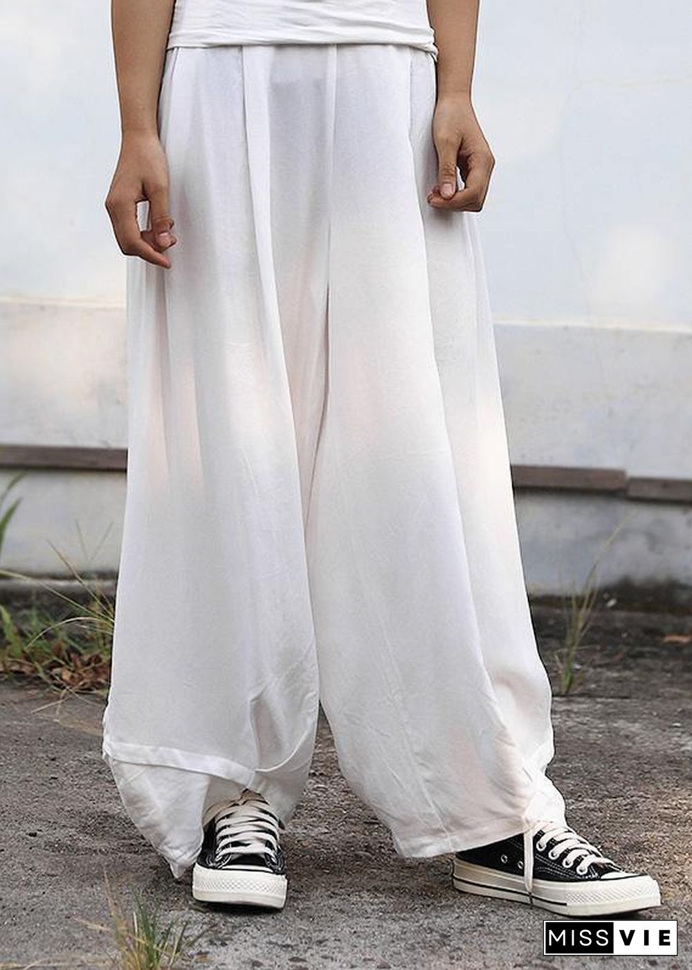 2019 fall women silk linen pants plus size white wide leg pants