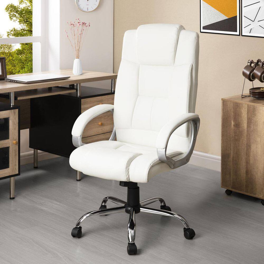 HOMESTOCK White High Back Executive Premium Faux Leather Office Chair with Back Support Armrest and Lumbar Support 99324