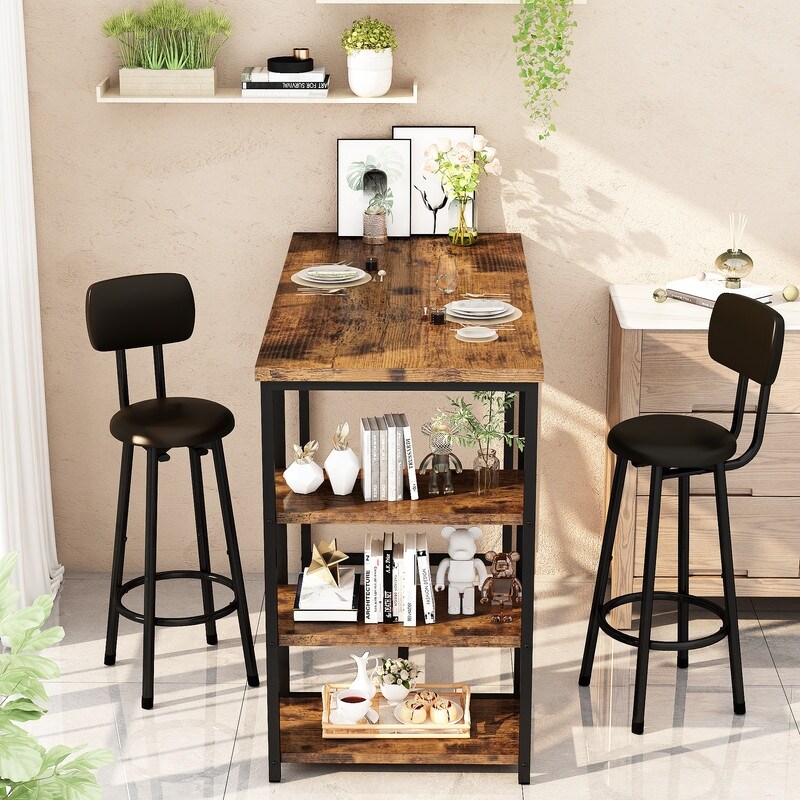 3 Pieces Industrial Bar Table Set  Counter Height Kitchen Pub Table Set with 3 Storage Shelves and Upholstered Stools